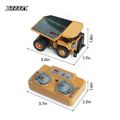 Size dimensions in inches for the 1/64 RC dump truck and 2.4GHz remote control