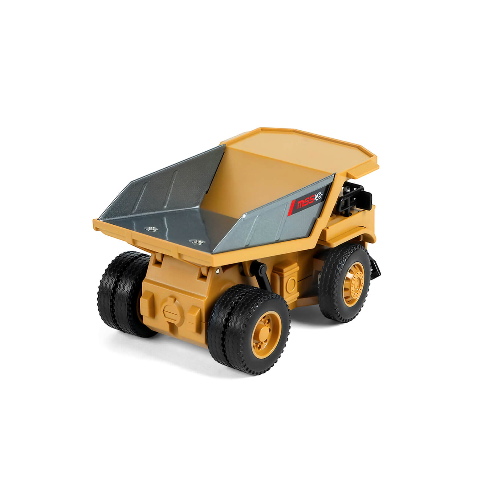 Top rear view of the 1/64 diecast dump truck displaying the spacious interior of the functional alloy dump bed for dioramas