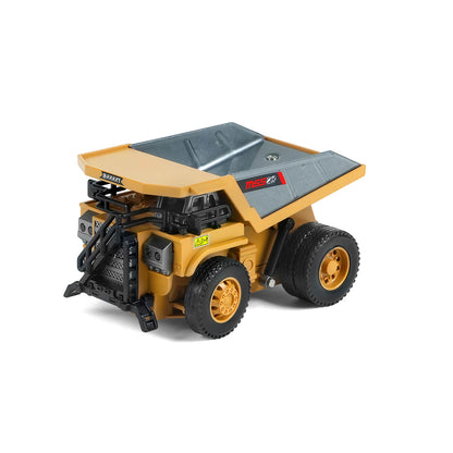Side angle of the 1/64 diecast mining dump truck featuring an alloy dump bed and rugged tire treads