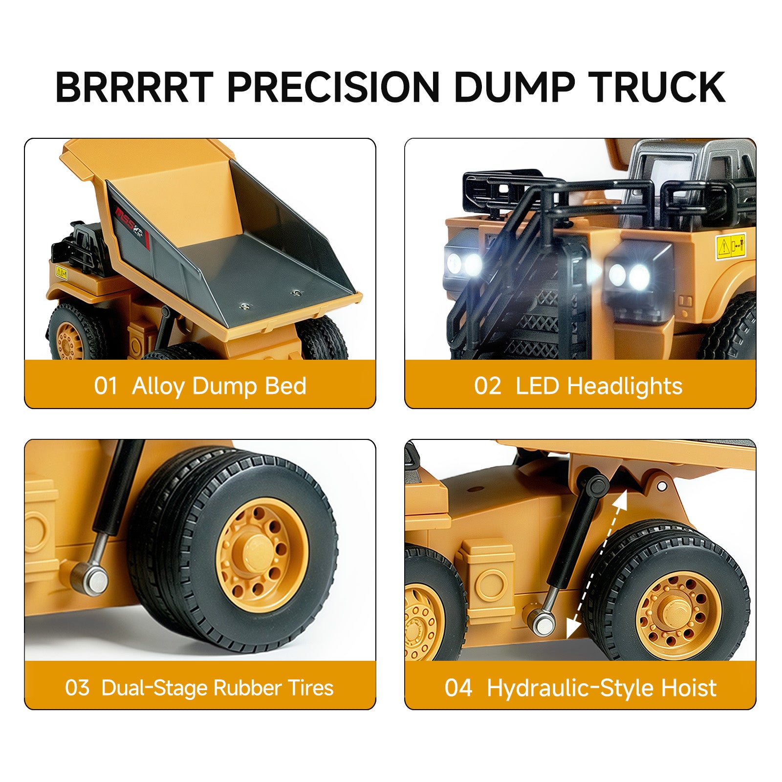 Infographic of BRRRRT 1/64 dump truck features: alloy bed, LED headlights, rubber tires, and hydraulic-style hoist