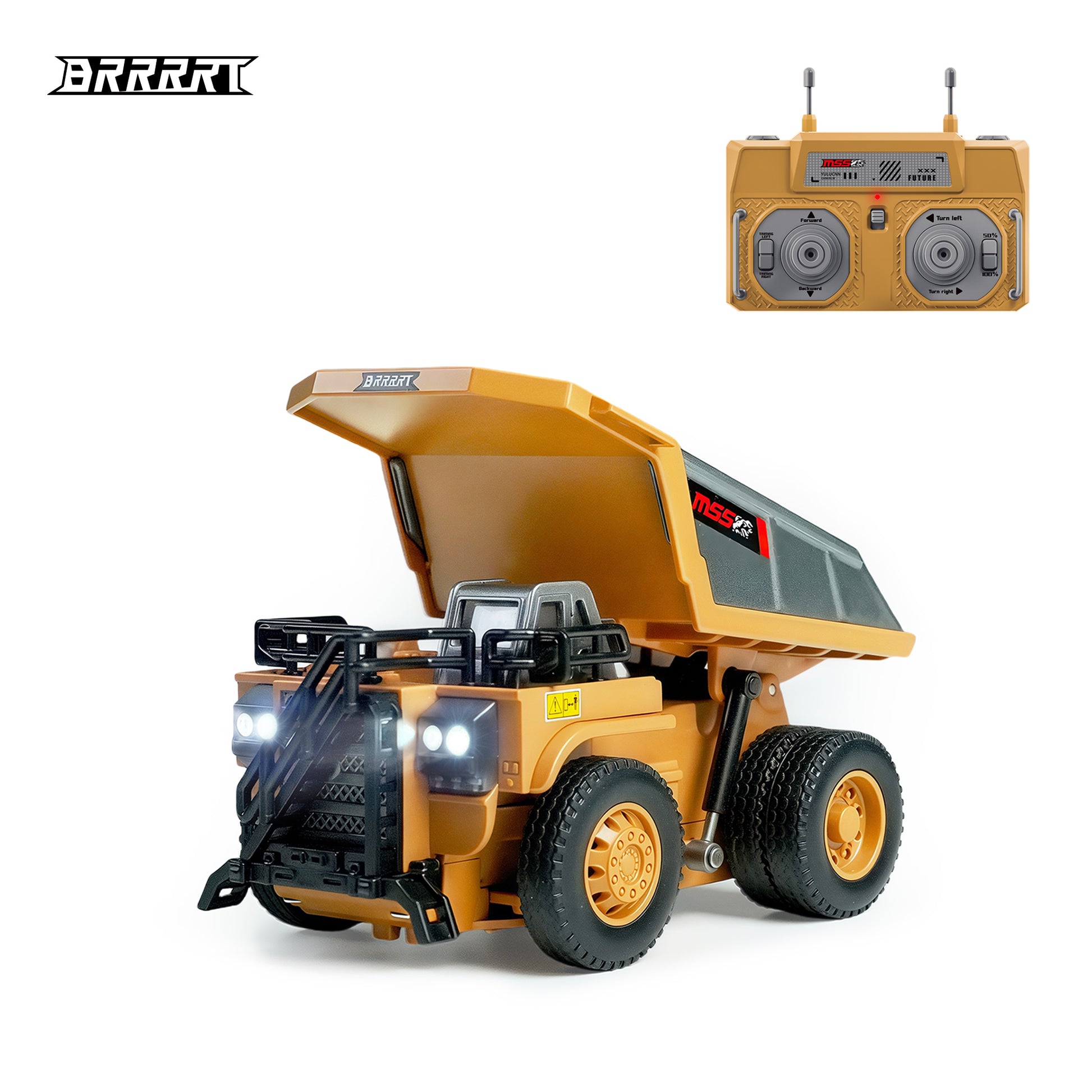 Front 3/4 view of the BRRRRT 1/64 scale mini dump truck showing the detailed grill, stairs, and working LED headlights