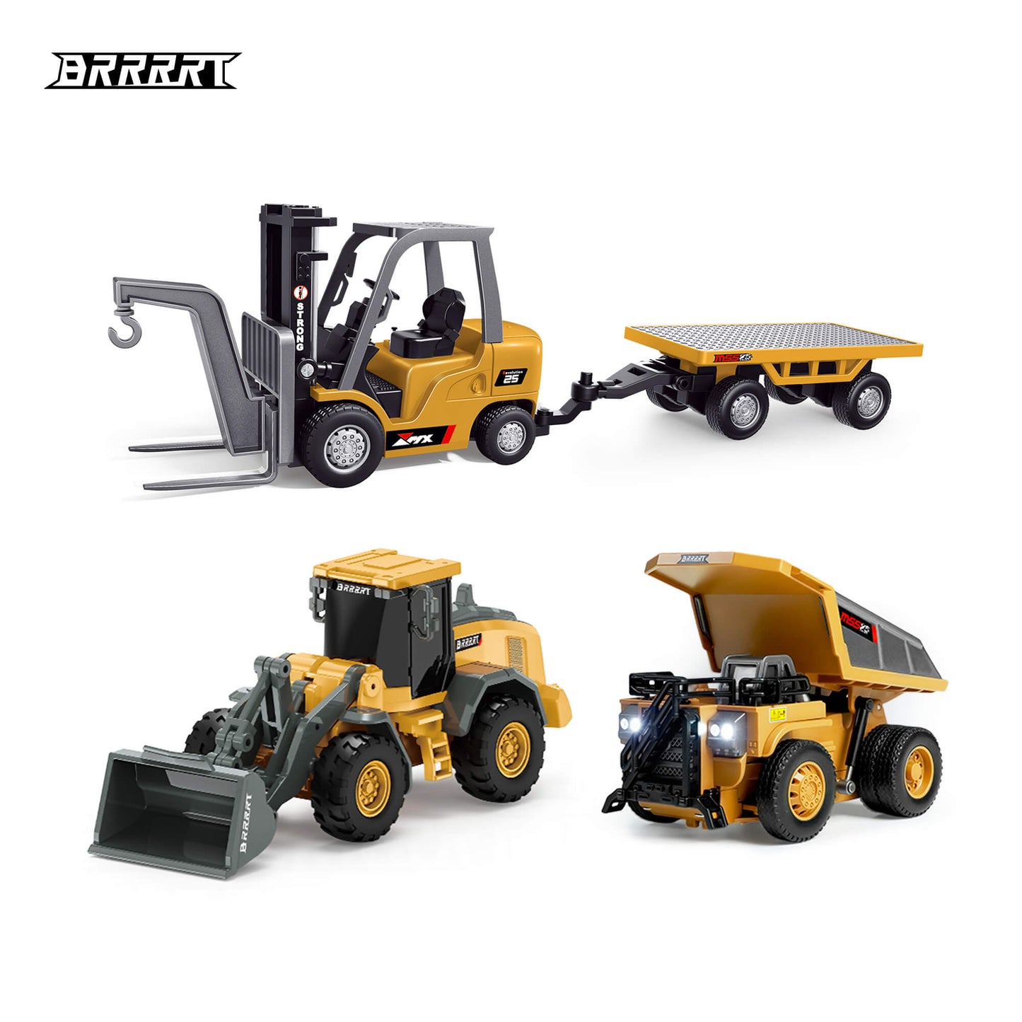 BRRRRT 1:64 RC Desktop Site Manager Set with a Mini Dump Truck, Forklift, and Bulldozer; portable remote control construction vehicles for indoor hobbyists.