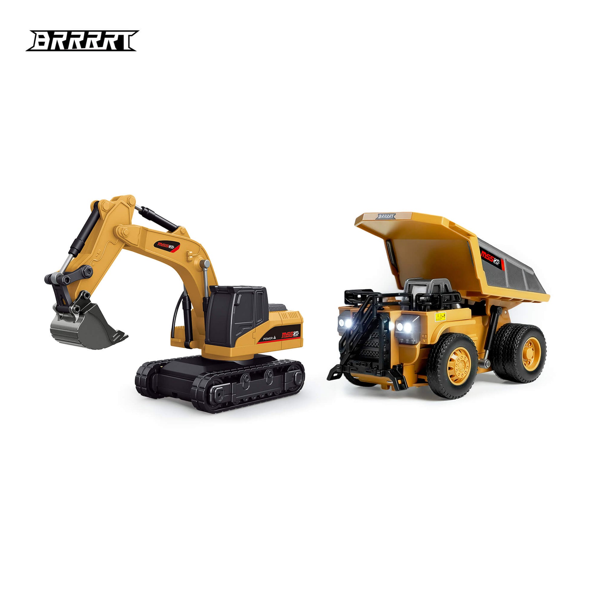 BRRRRT 1:64 RC Desktop Construction Vehicle Set featuring a Mini Excavator and Dump Truck 