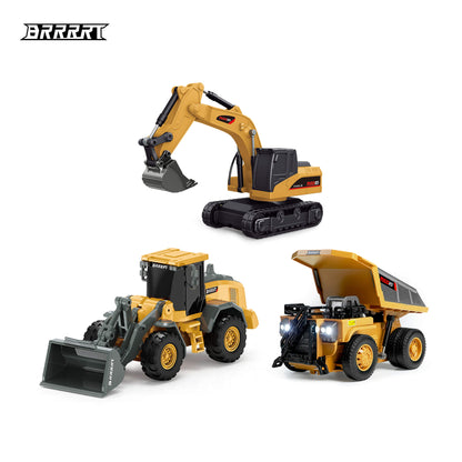 BRRRRT 1:64 RC Desktop Earthmover Set including a Mini Excavator, Dump Truck, and Bulldozer; high-detail micro RC construction toys for collectors.