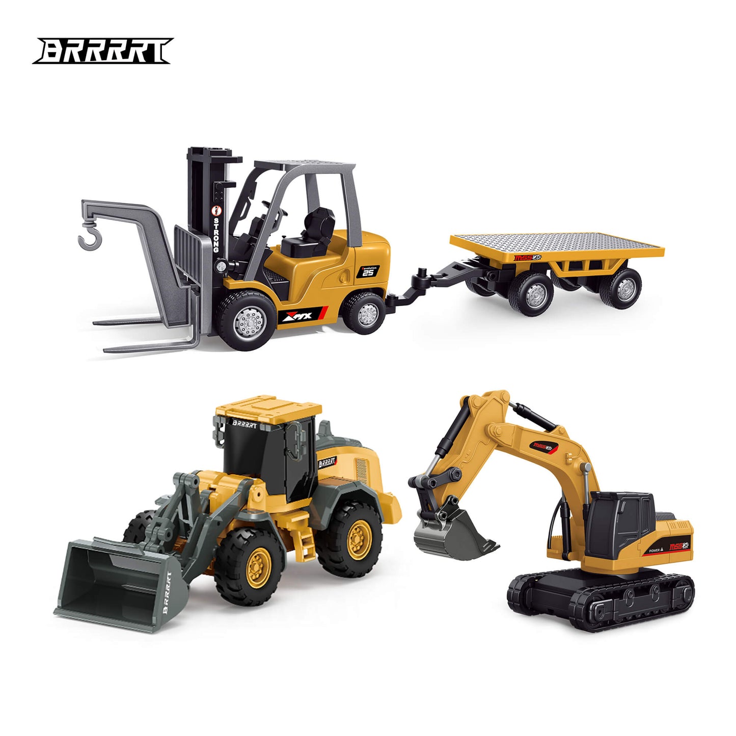 BRRRRT 1:64 RC Desktop Construction Vehicle Set featuring a Mini Excavator, Forklift, and Bulldozer for office stress relief and tabletop play.