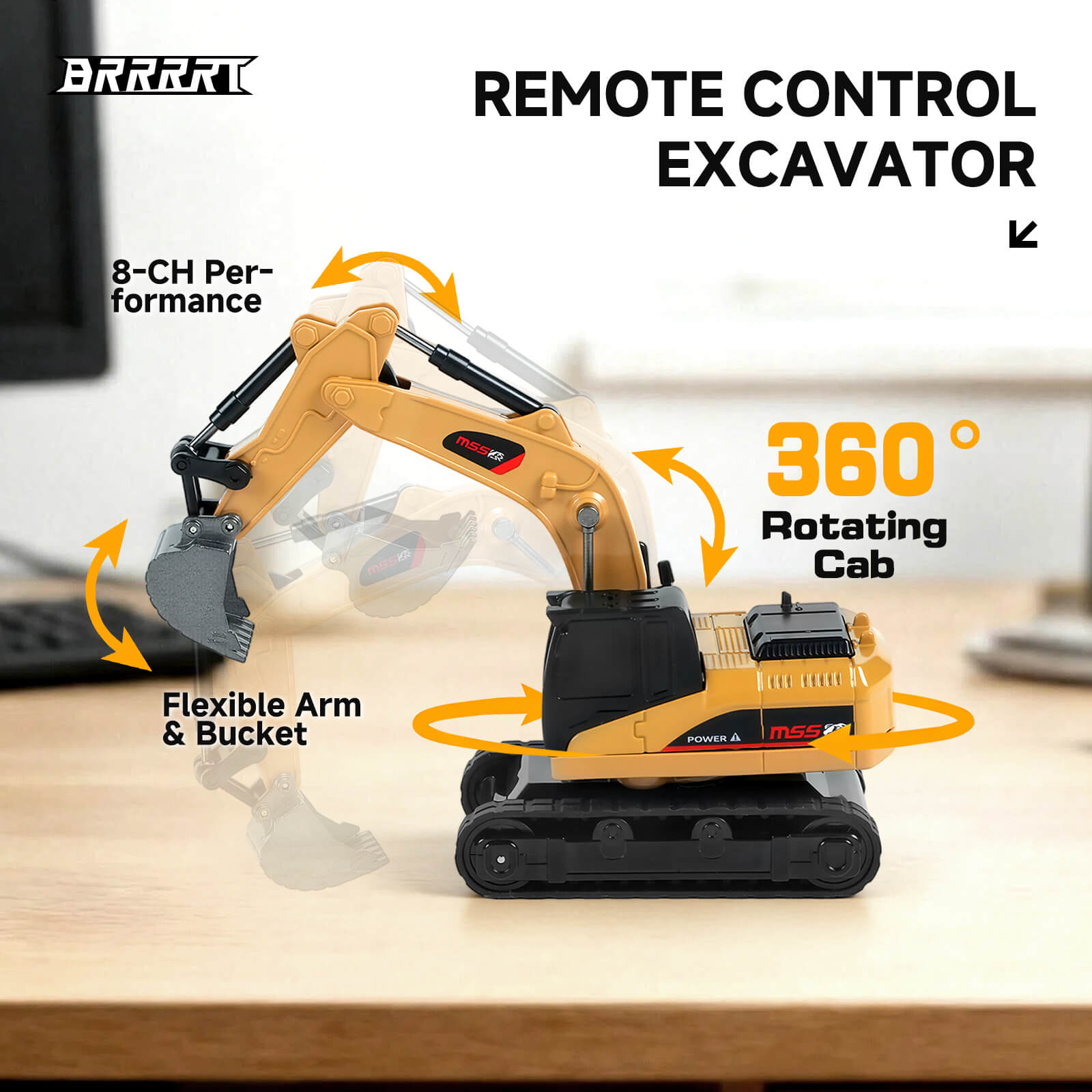 BRRRRT 1/64 RC mini excavator with 360-degree rotating cab, flexible arm and bucket, 8-channel remote control performance