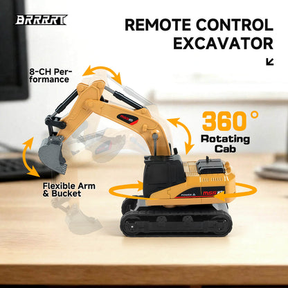 BRRRRT 1/64 RC mini excavator with 360-degree rotating cab, flexible arm and bucket, 8-channel remote control performance