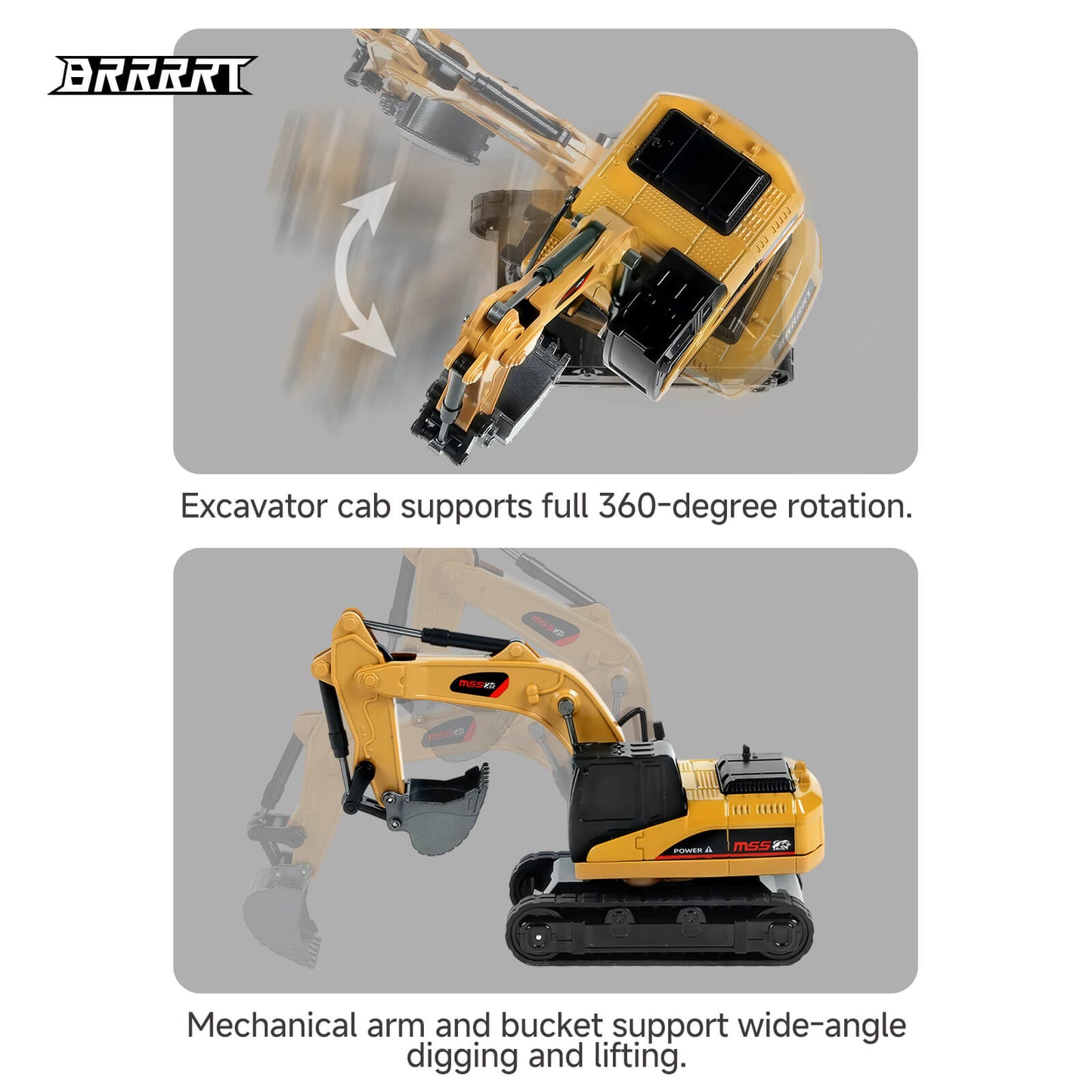 BRRRRT 1/64 RC mini excavator with 360-degree rotating cab and mechanical arm for digging and lifting