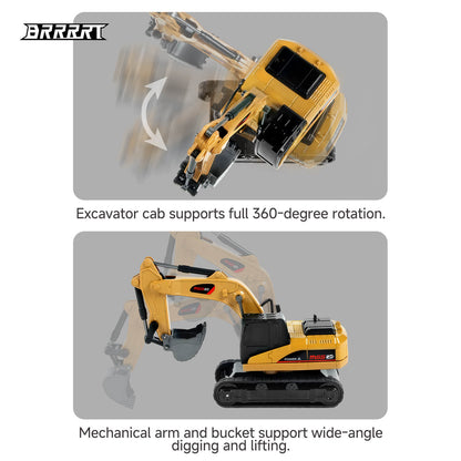 BRRRRT 1/64 RC mini excavator with 360-degree rotating cab and mechanical arm for digging and lifting