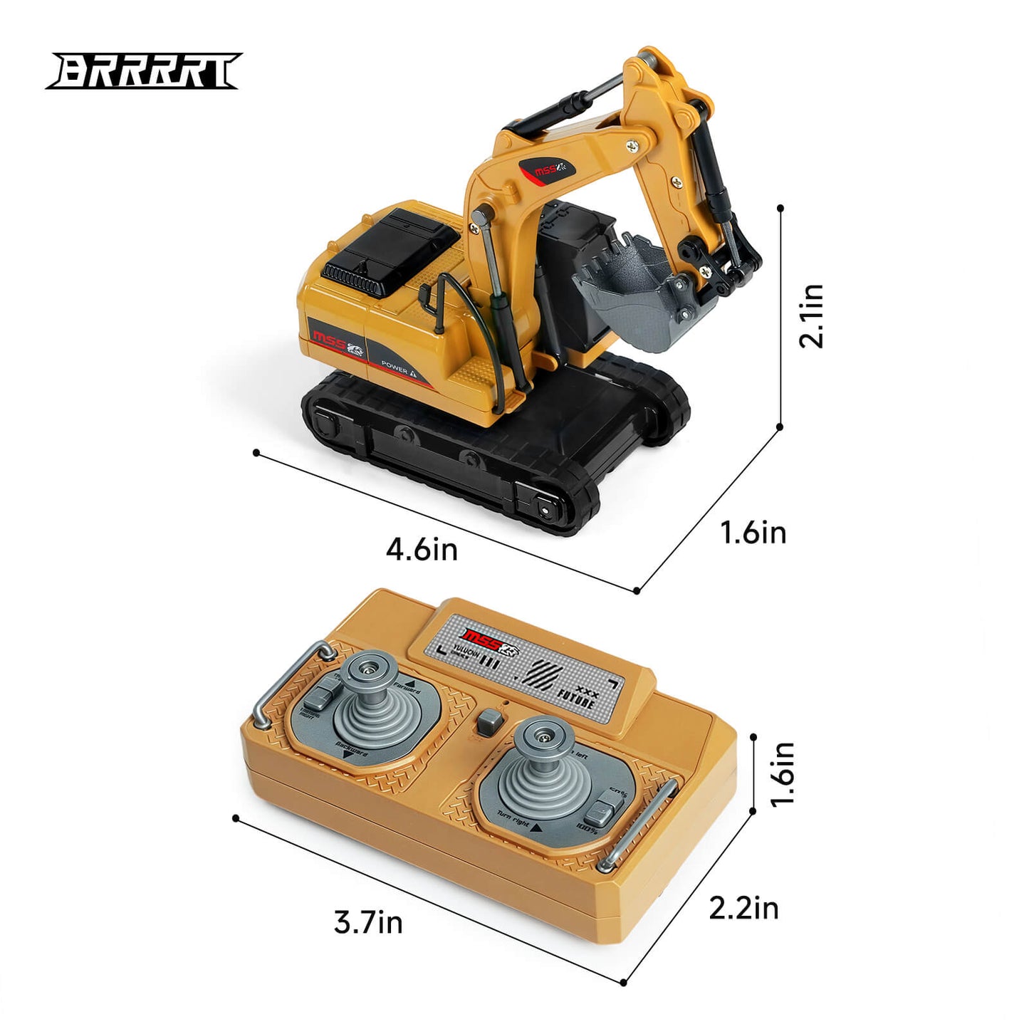 Exact dimensions in inches for the BRRRRT 1/64 RC mini excavator and its 2.4GHz remote controller