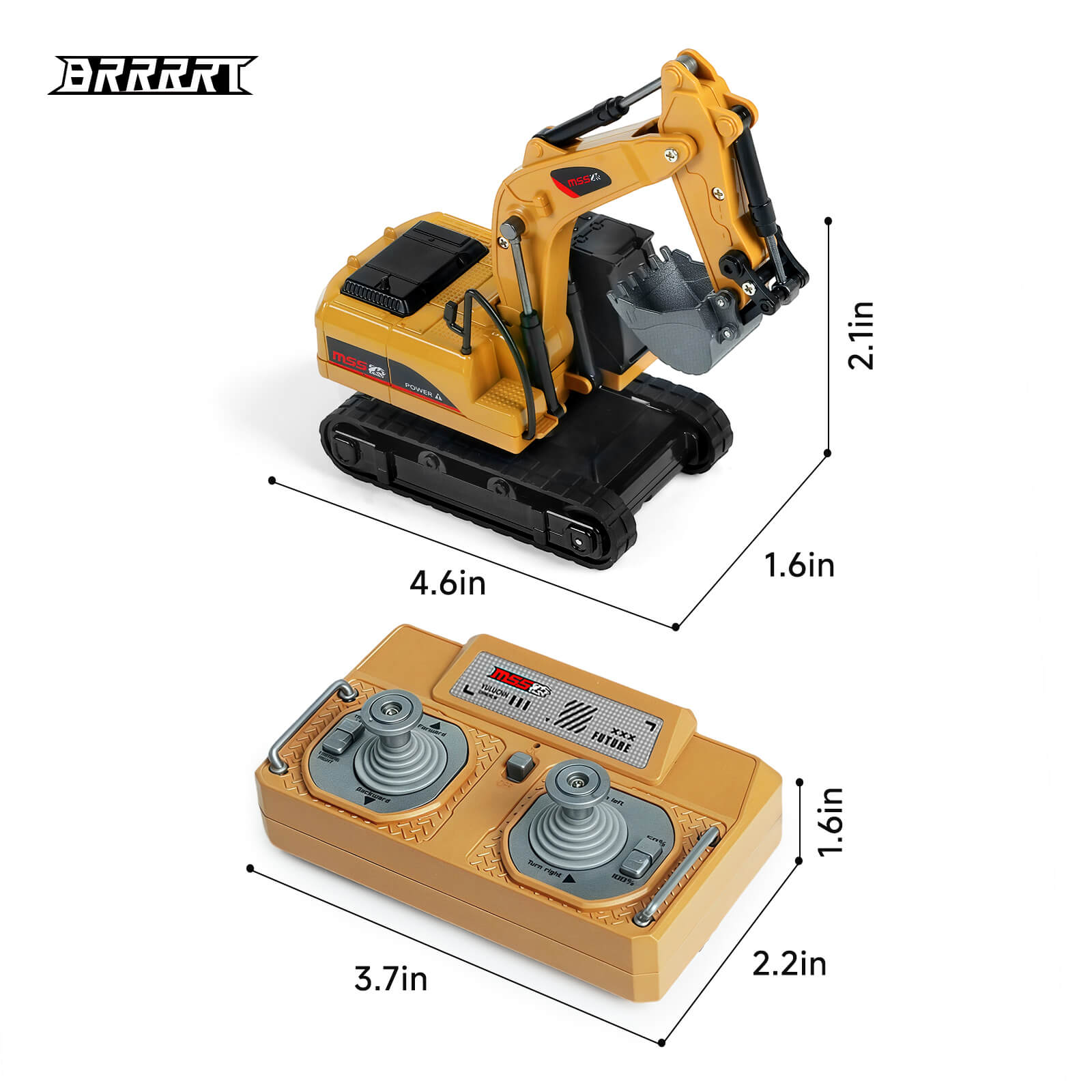 Exact dimensions in inches for the BRRRRT 1/64 RC mini excavator and its 2.4GHz remote controller