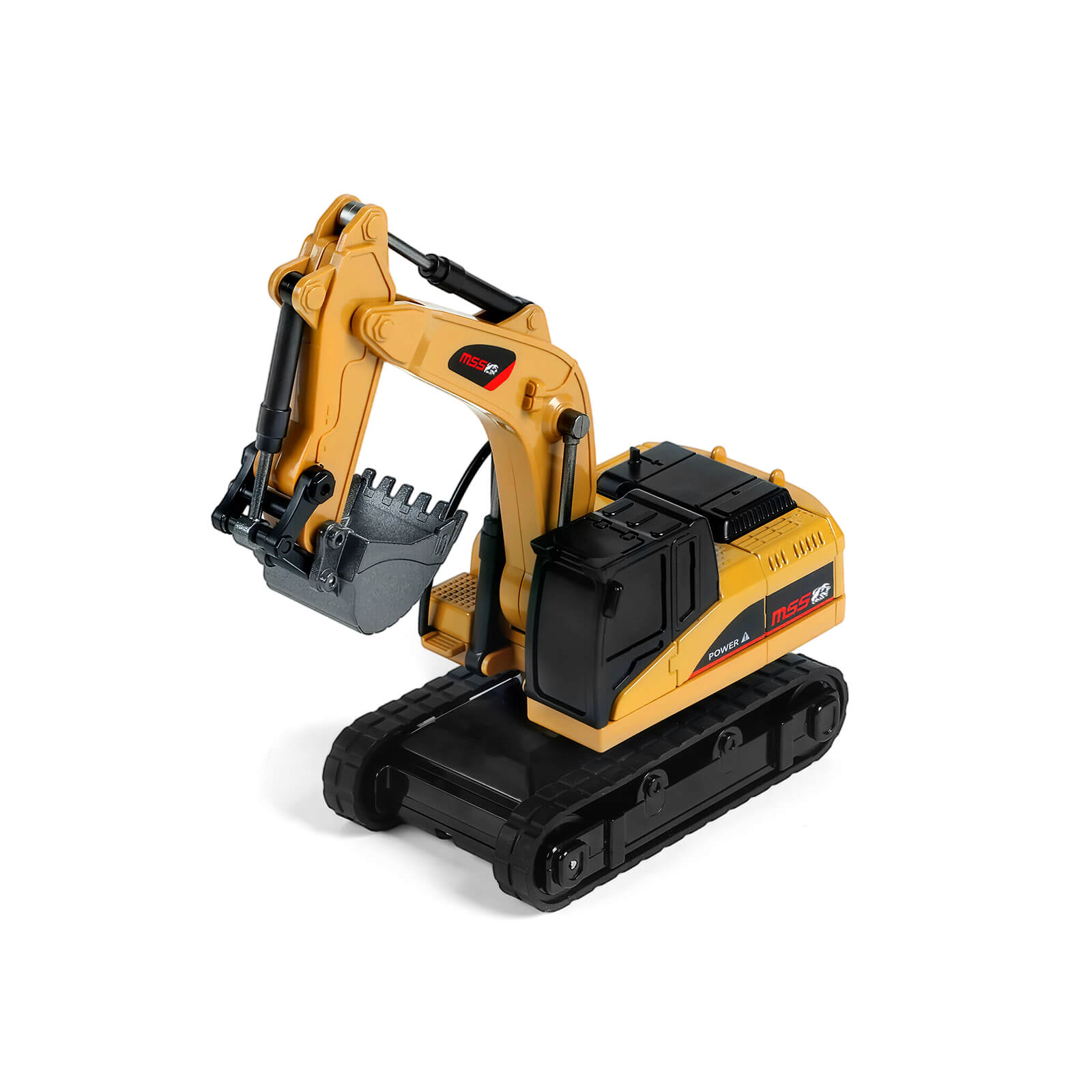 Front left view of the BRRRRT 1/64 scale remote control mini excavator on a white background