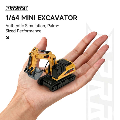 BRRRRT 1/64 RC mini excavator shown in hand, palm-sized realistic remote control construction vehicle