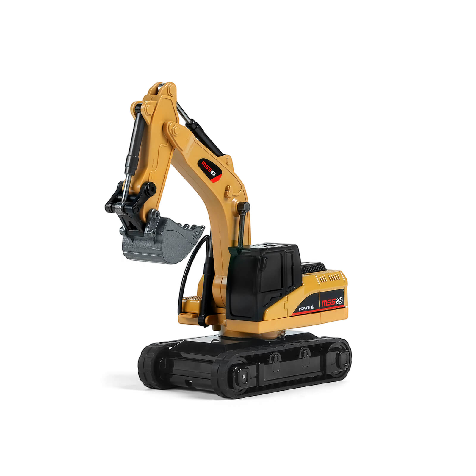Side profile of the BRRRRT RC mini excavator with its flexible arm slightly raised