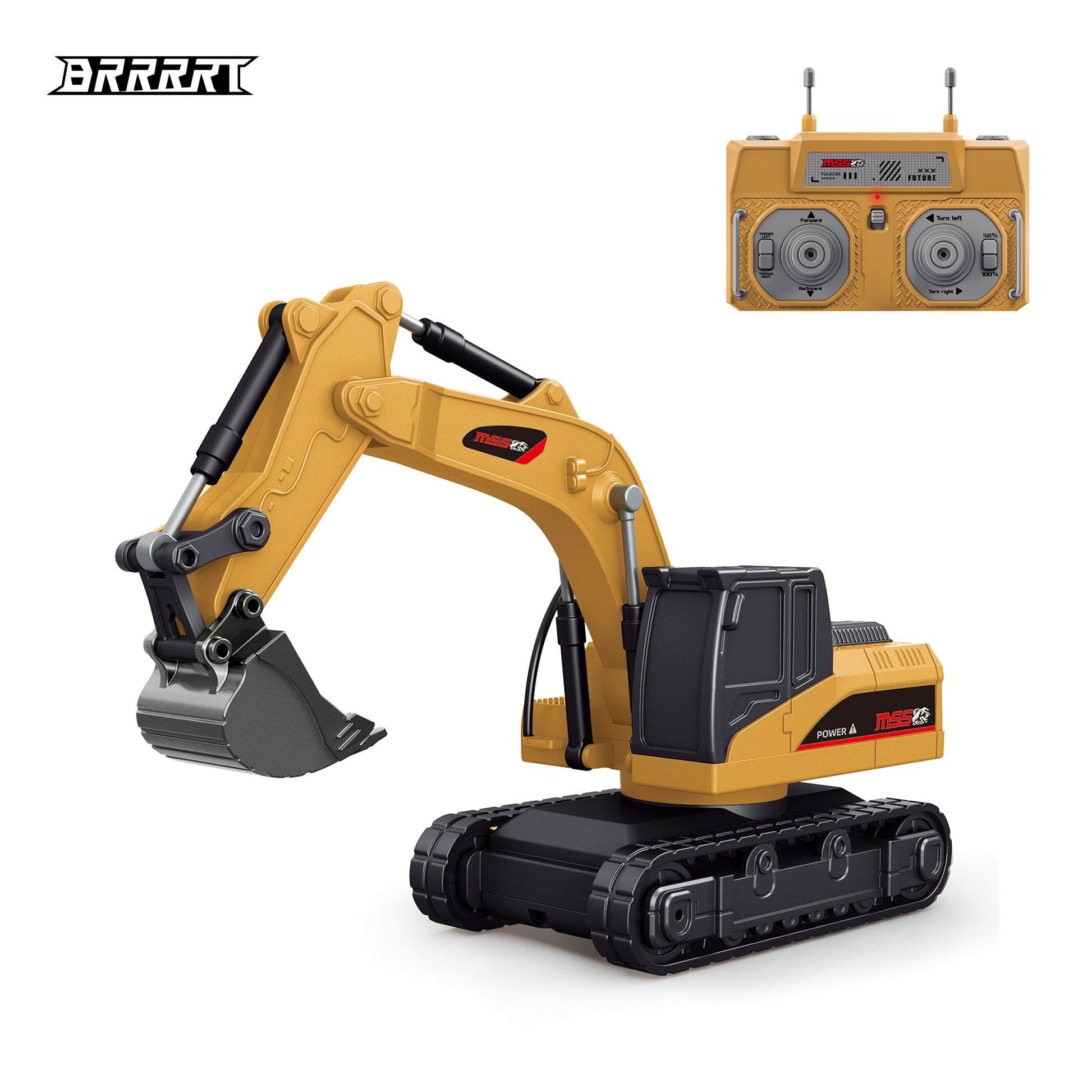 Front left view of the BRRRRT 1/64 scale remote control mini excavator on a white background
