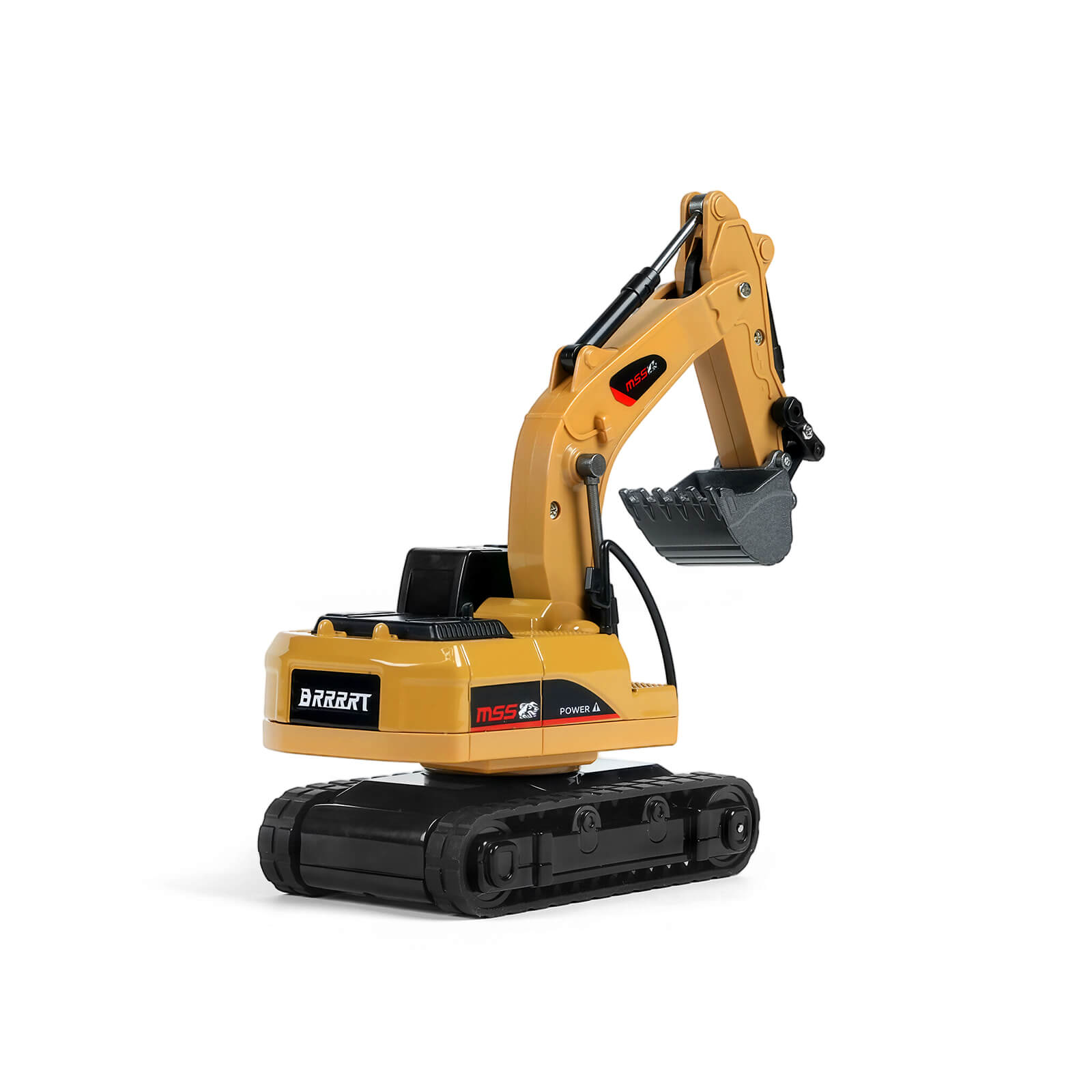 Close-up of the BRRRRT 1/64 RC mini excavator using its wear-resistant alloy bucket