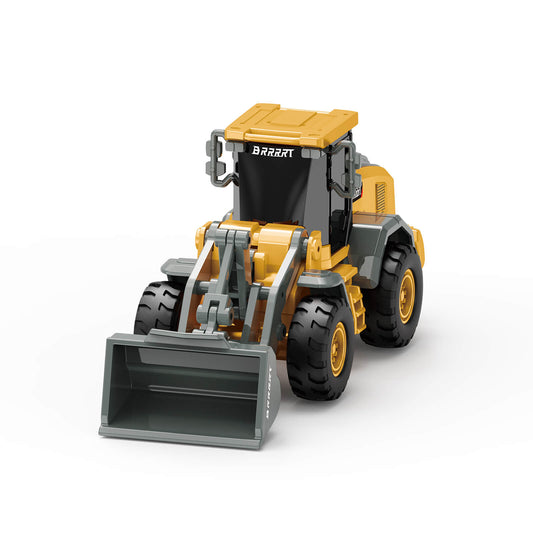 Front view of the BRRRRT 8-channel die-cast RC front loader with lowered functional bucket