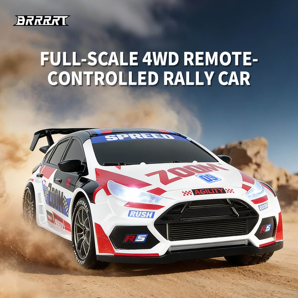 Full-Scale 4WD RC Rally Car in Desert Terrain, Speed Performance with Aggressive Styling -BRRRRT
