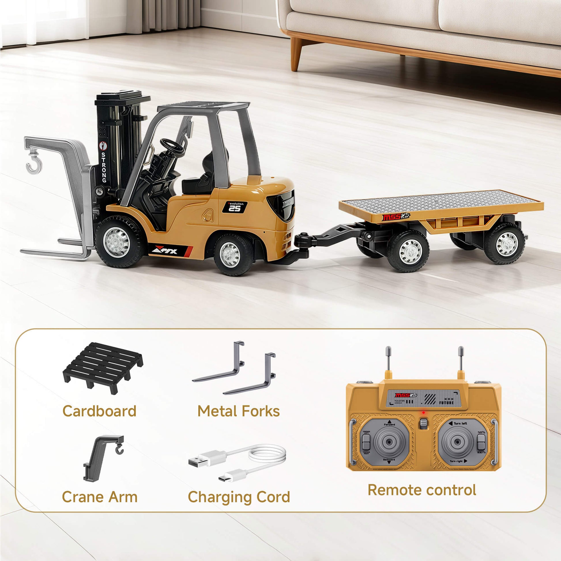 Mini Forklift Remote Control Set with Accessories - Includes Crane Arm, Metal Forks, and Charging Cord -BRRRRT