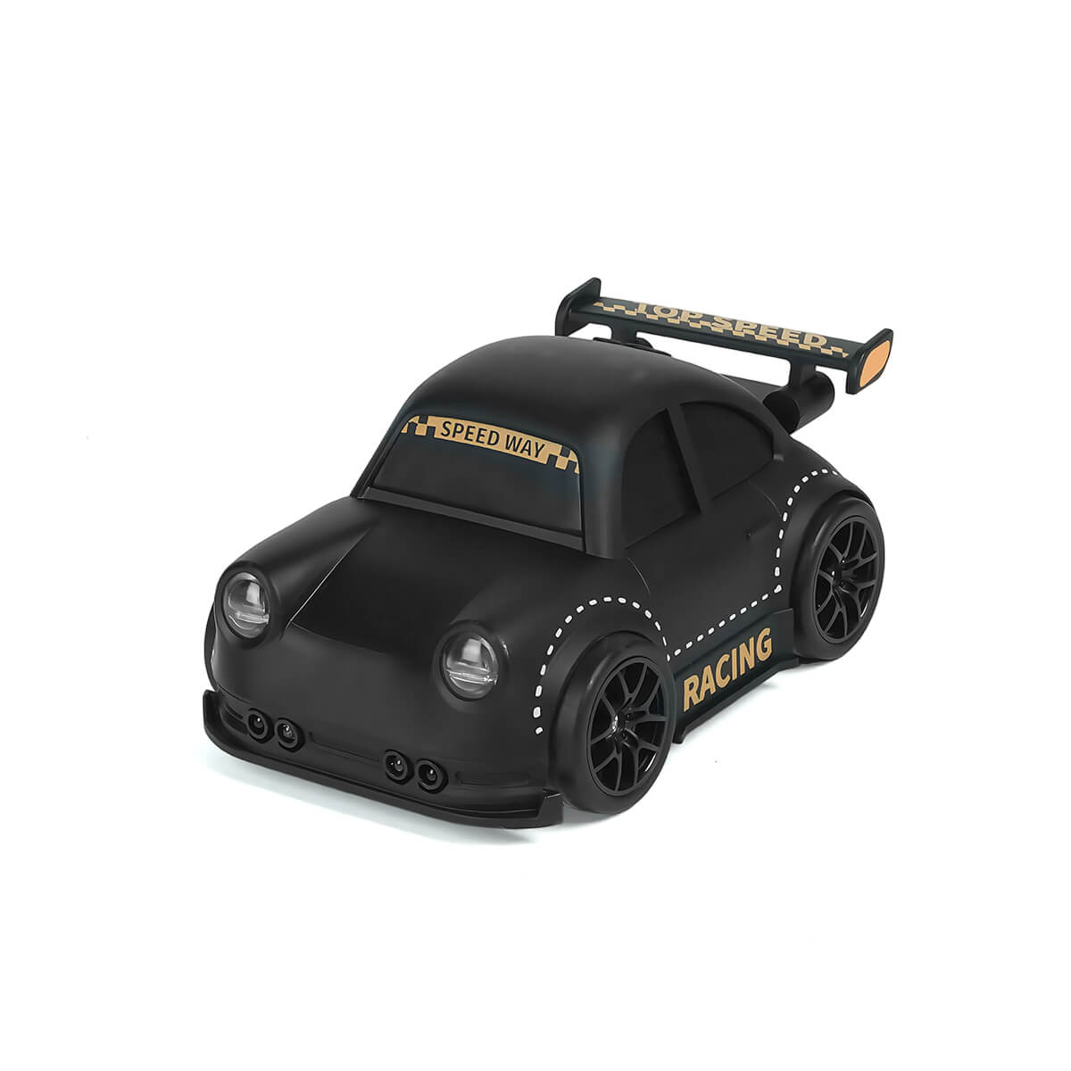 Black mini RC drift car with gold RACING decals - front angle-BRRRRT