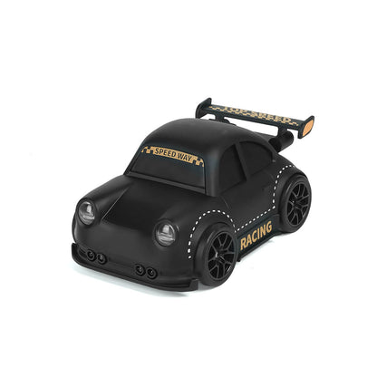 Black mini RC drift car with gold RACING decals - front angle-BRRRRT