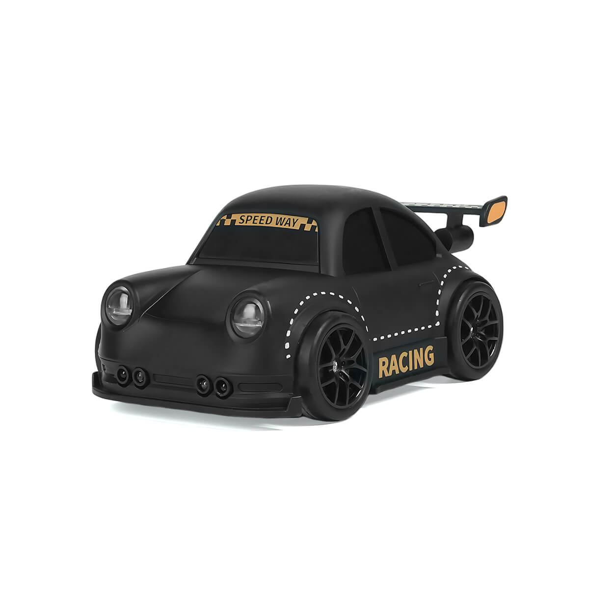 Black mini RC drift car with gold RACING decals-side view-BRRRRT