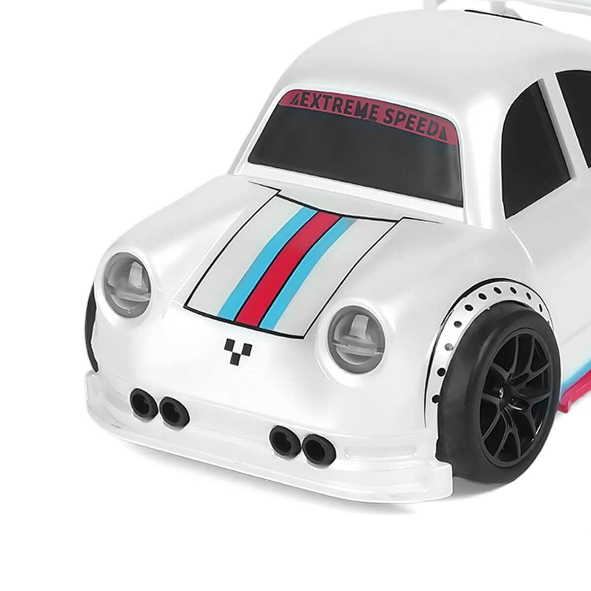 White mini RC drift car front detail-BRRRRT