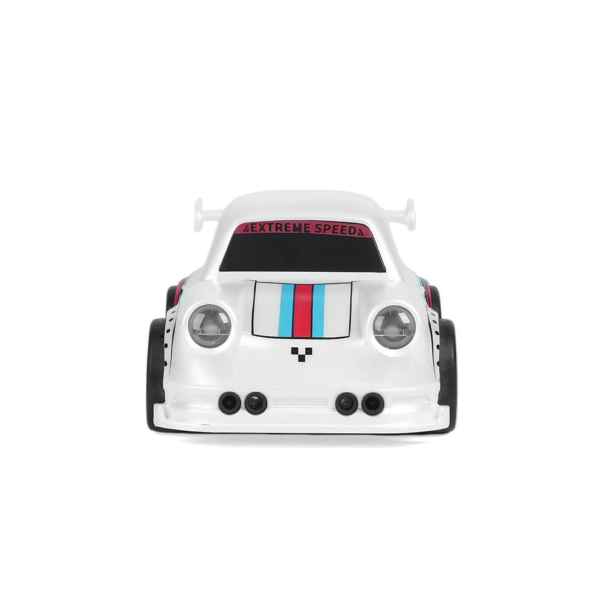 White mini RC drift car front view with EXTREME SPEED windshield decal-BRRRRT