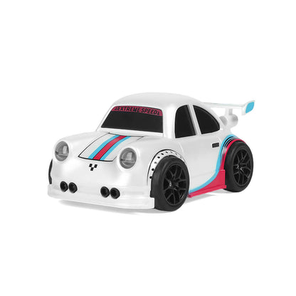 White mini RC drift car with racing stripes - front angle-BRRRRT