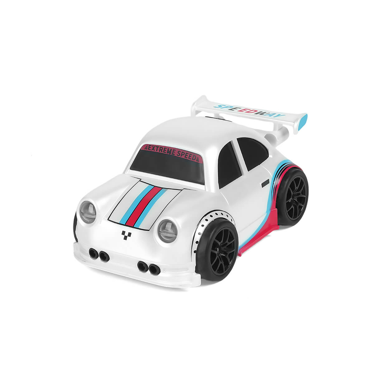 White mini RC drift car with racing stripes - side view-BRRRRT