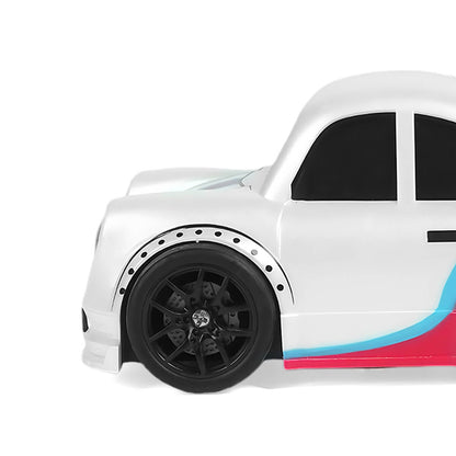 White mini RC drift car wheel and fender detail-BRRRRT