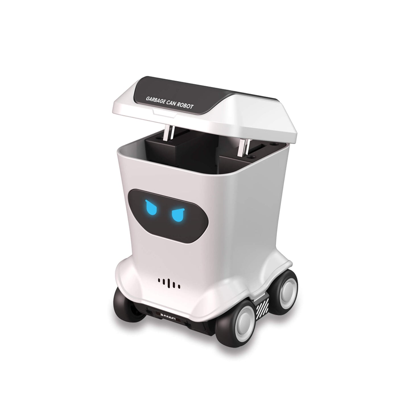 Mini RC toy trash can with blue light effect and open lid showing interactive robot toy features for desk play – BRRRRT