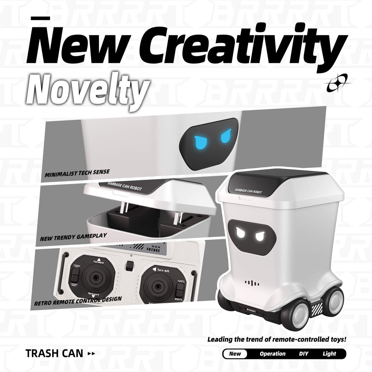 Mini RC toy trash can with creative novelty gameplay features and remote control functions for fun desk toy use – BRRRRT