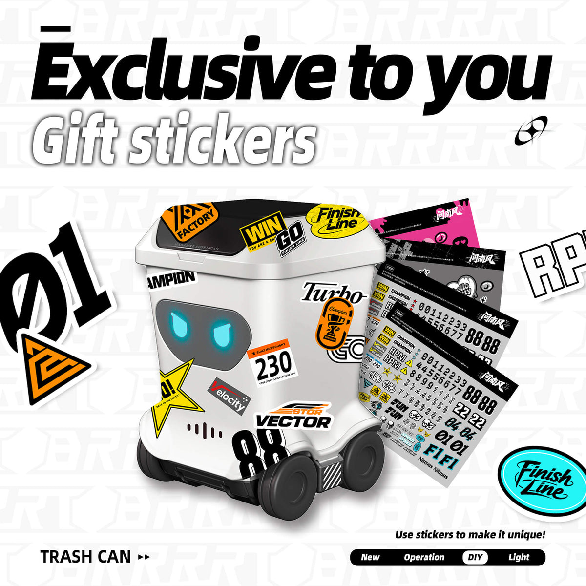 Mini RC toy trash can with DIY stickers custom design showing personalized robot toy style for desk play – BRRRRT