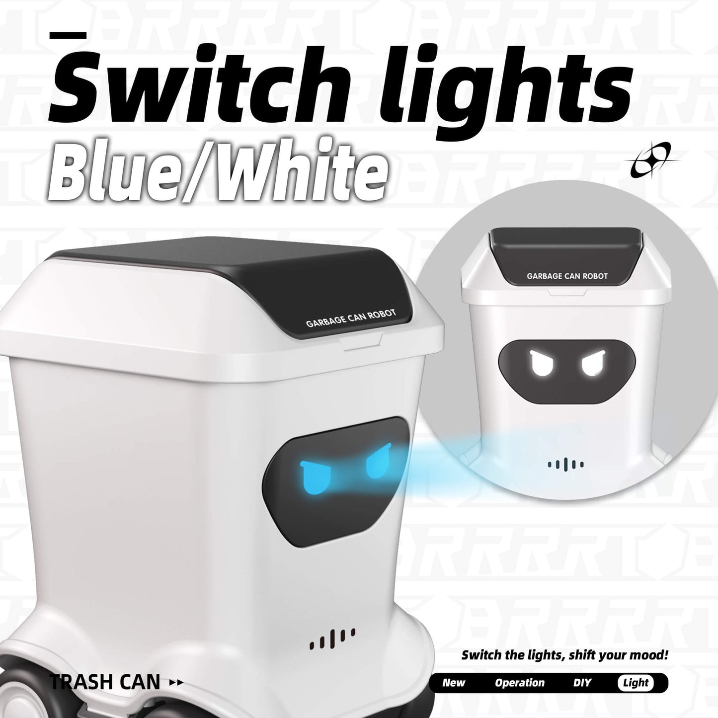 Mini RC toy trash can with dual light modes blue and white showing interactive lighting effects for desk toy – BRRRRT