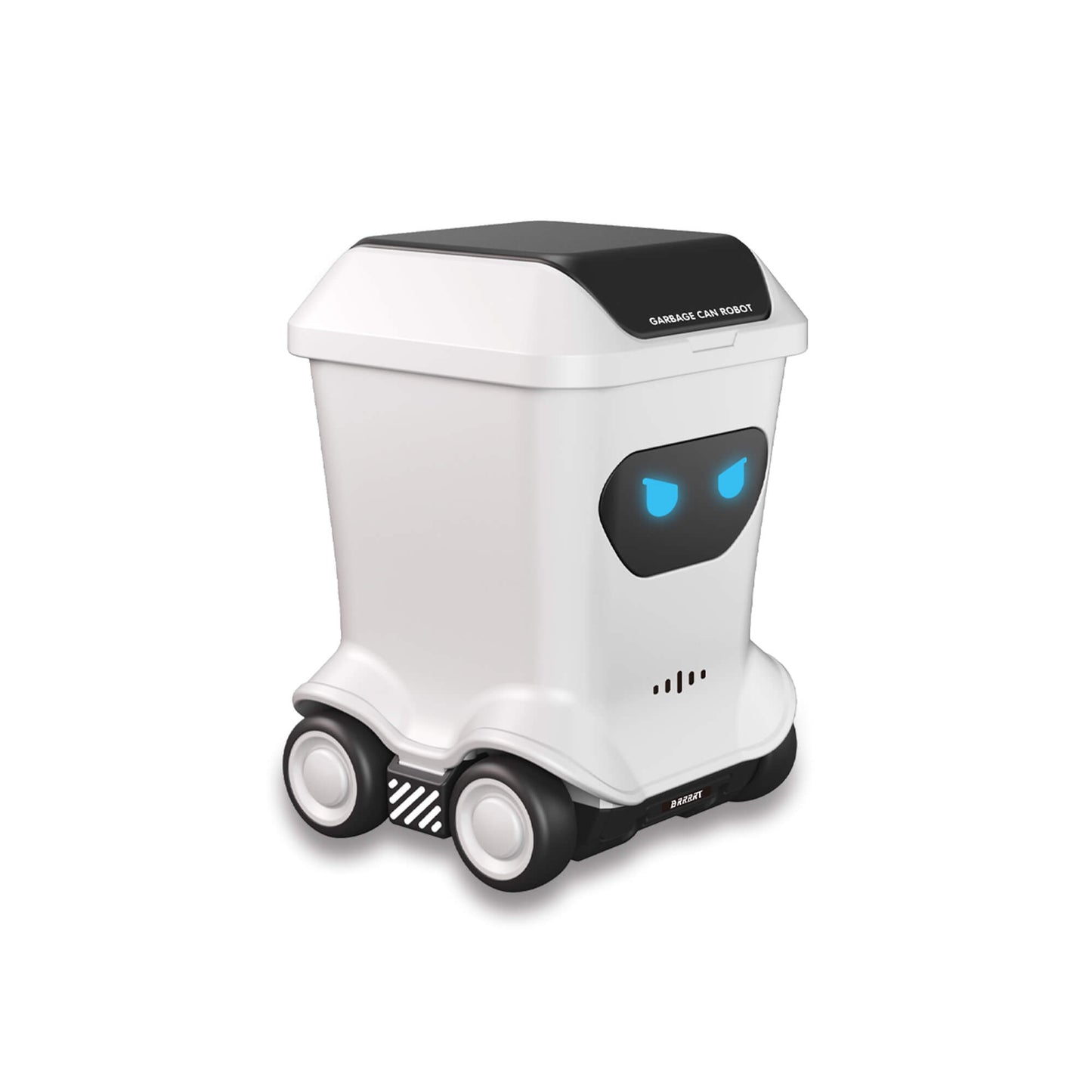Mini RC toy trash can robot design left side view on white background as a compact desk toy – BRRRRT