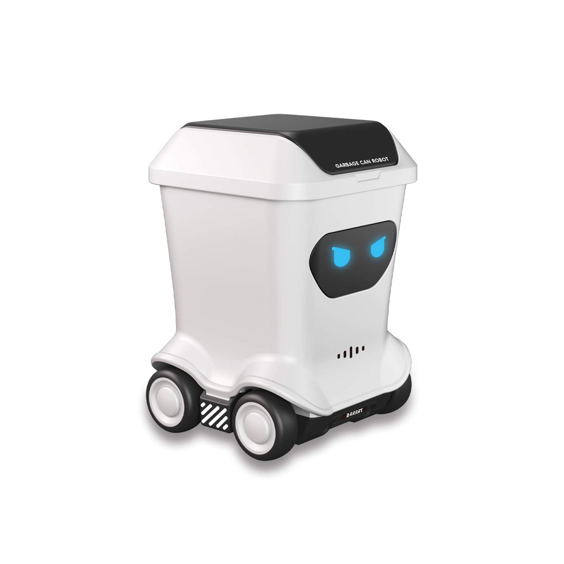 Mini RC toy trash can robot design left side view on white background as a compact desk toy – BRRRRT