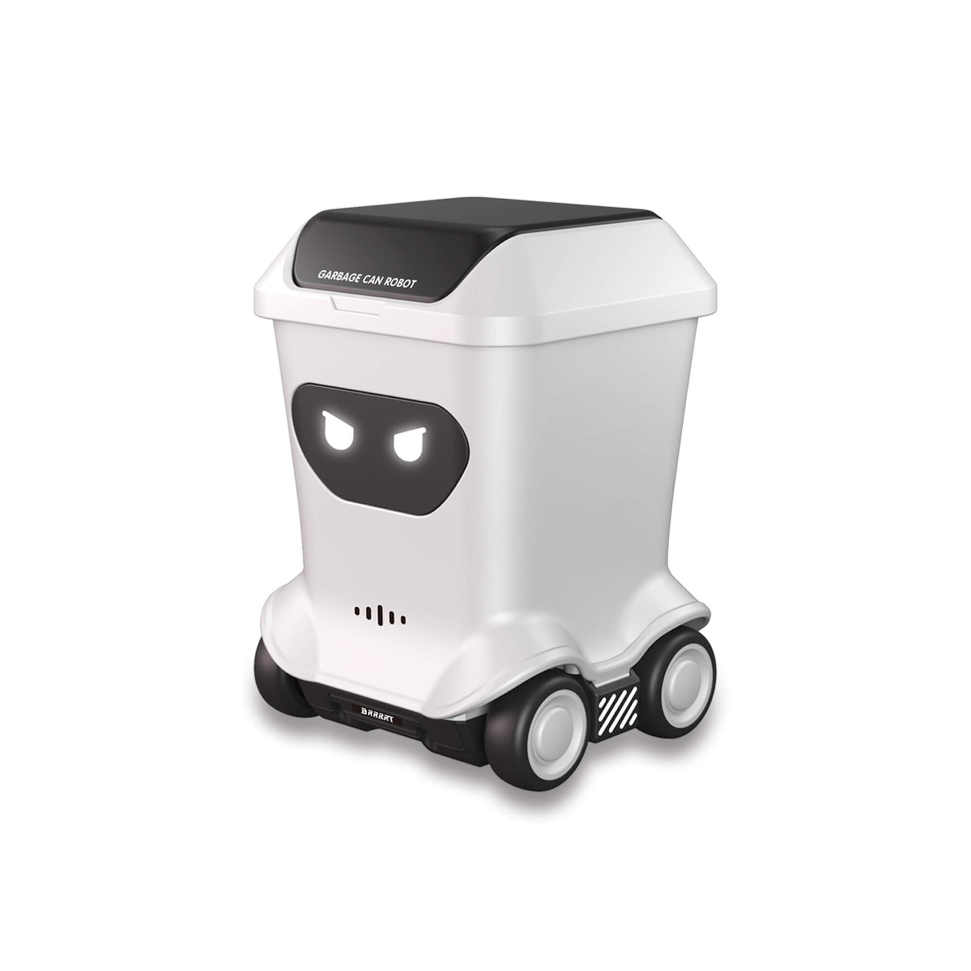 Mini RC toy trash can robot design right side view on white background for indoor desk toy use – BRRRRT