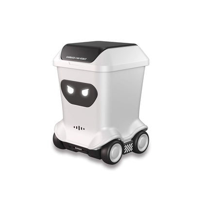 Mini RC toy trash can robot design right side view on white background for indoor desk toy use – BRRRRT