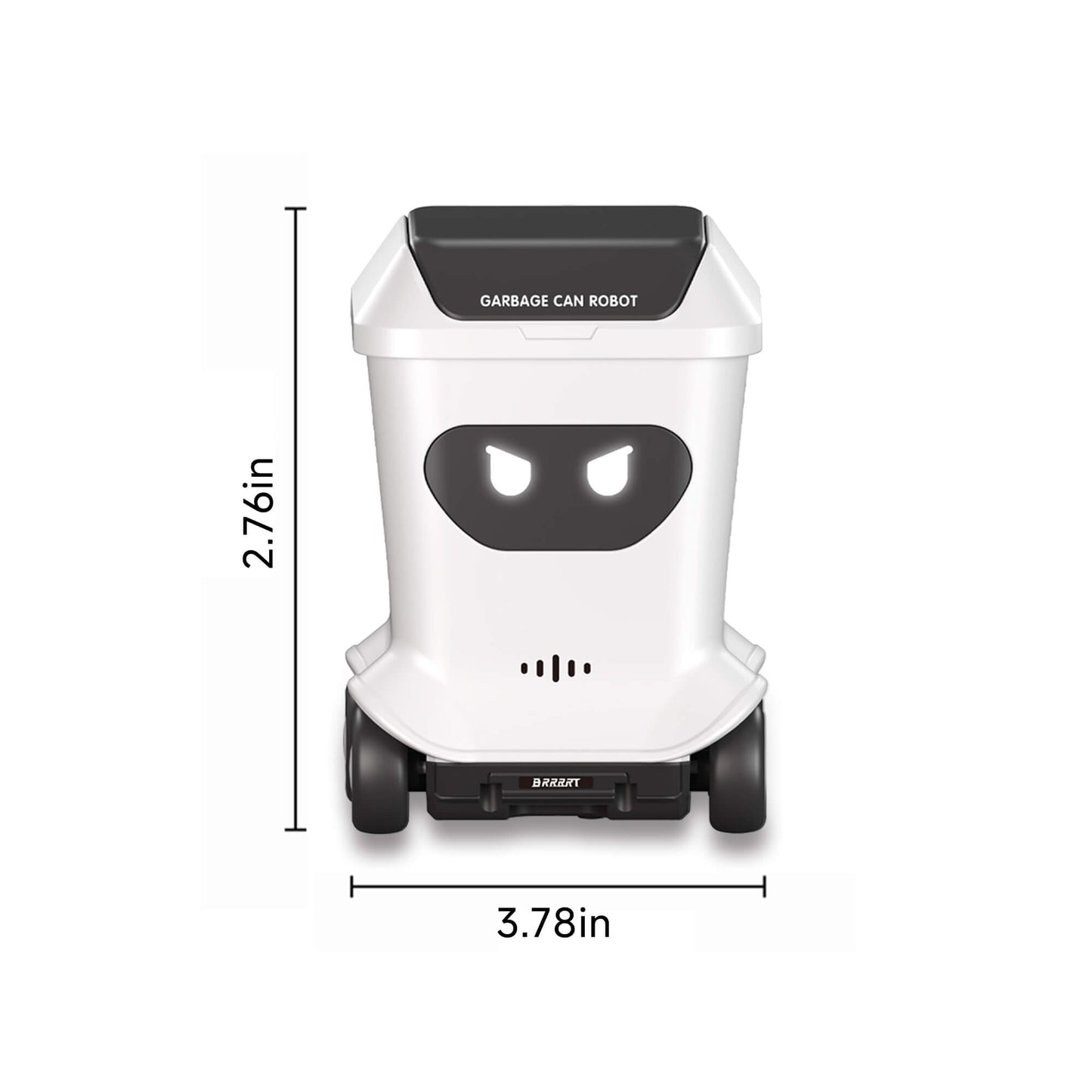 Mini RC toy trash can size dimensions diagram showing compact scale for desk toy use – BRRRRT