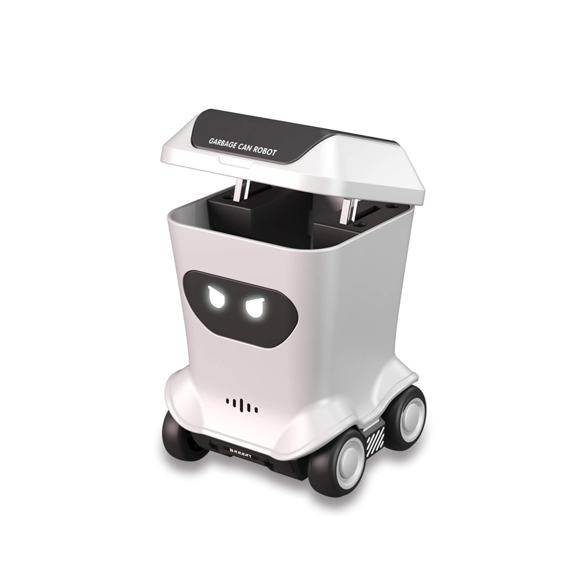 Mini RC toy trash can with white light effect and open lid displaying interactive RC robot toy for desk use – BRRRRT