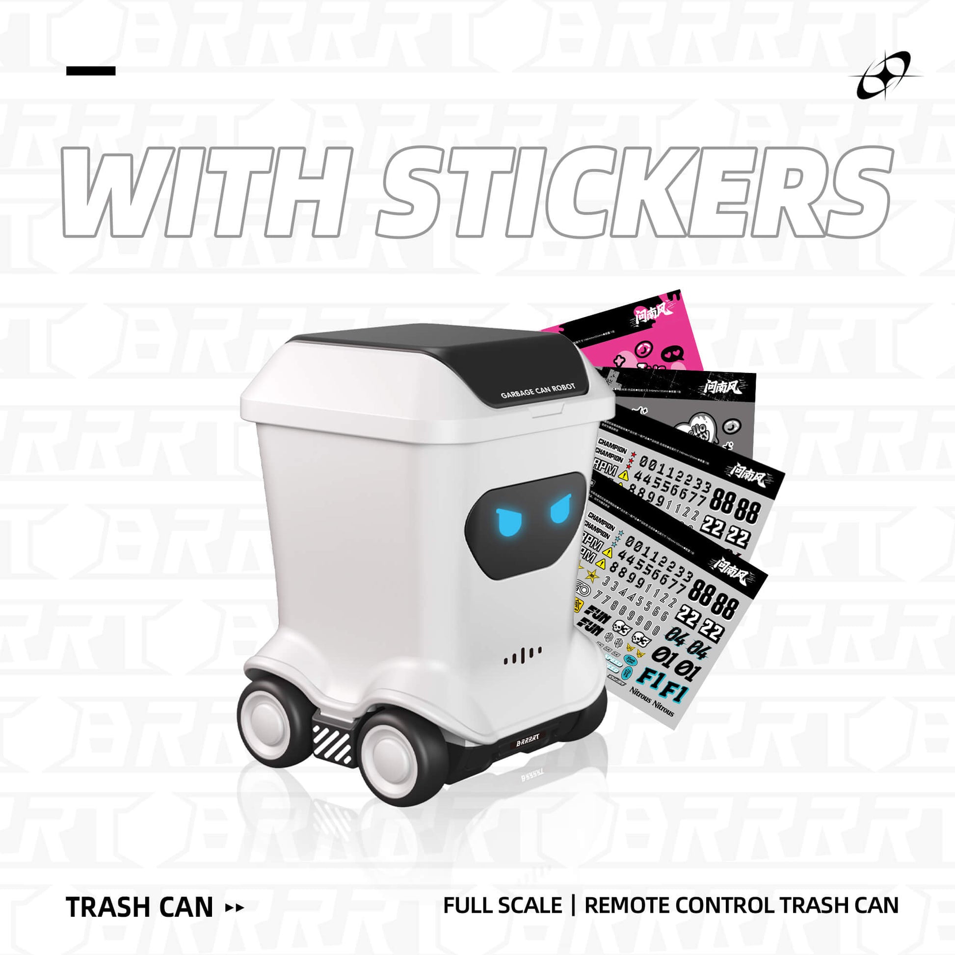Mini RC toy trash can with stickers customizable design showing DIY personalization for robot desk toy – BRRRRT
