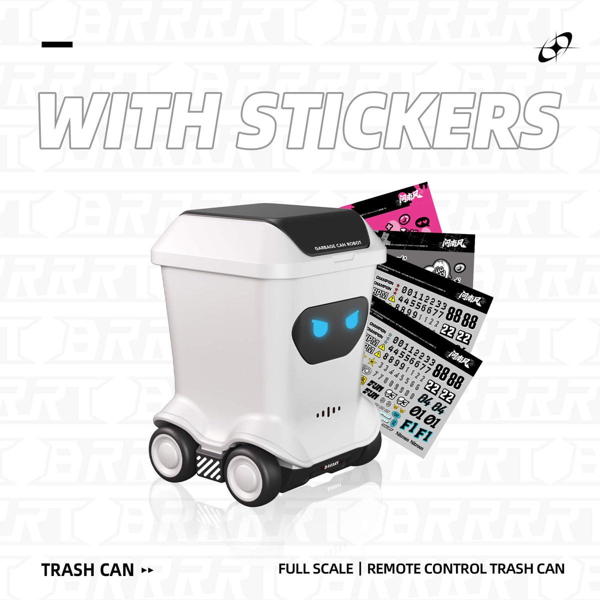 Mini RC toy trash can with stickers customizable design showing DIY personalization for robot desk toy – BRRRRT