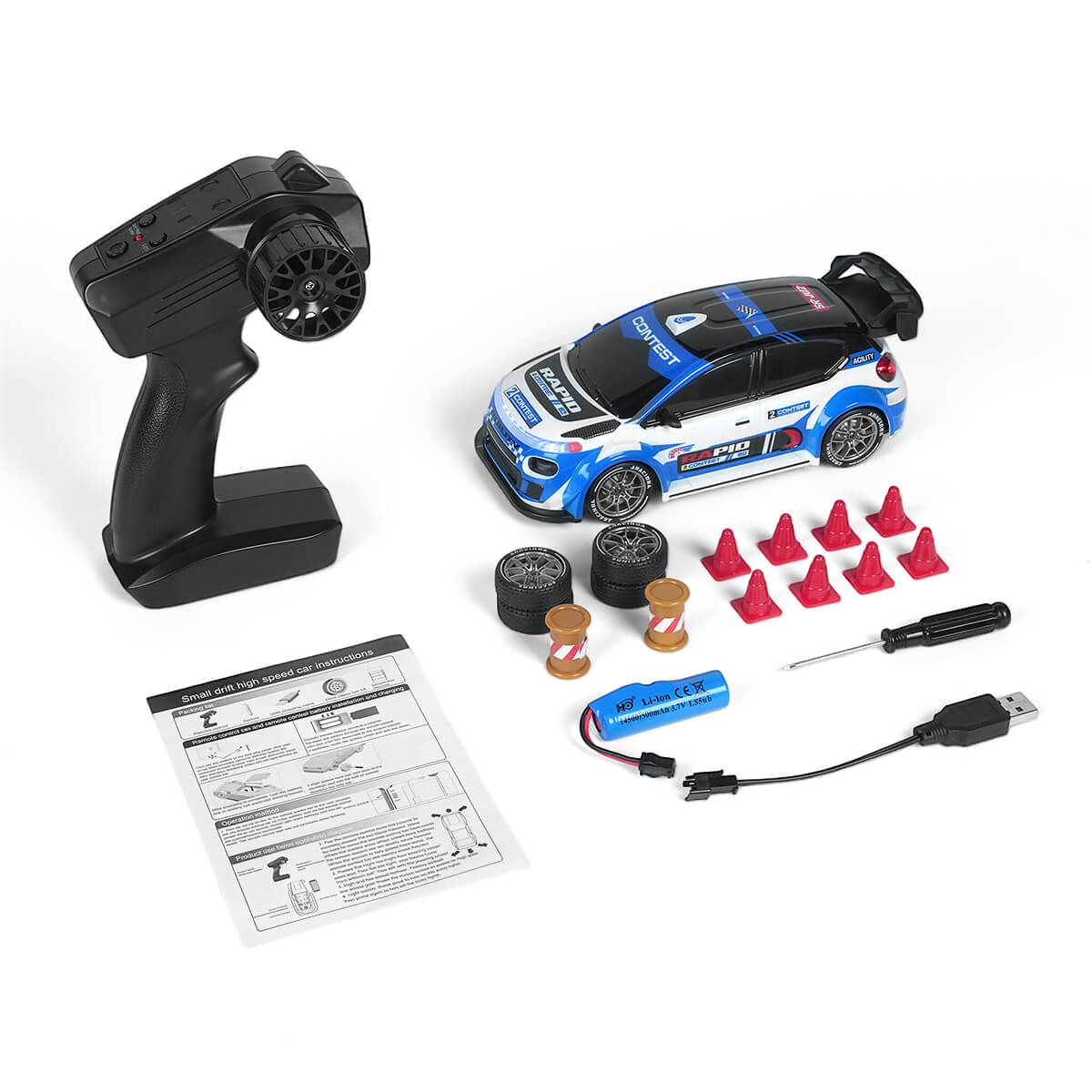 blue 4WD RC rally car kit with remote control battery interchangeable tyres cones and full accessories package