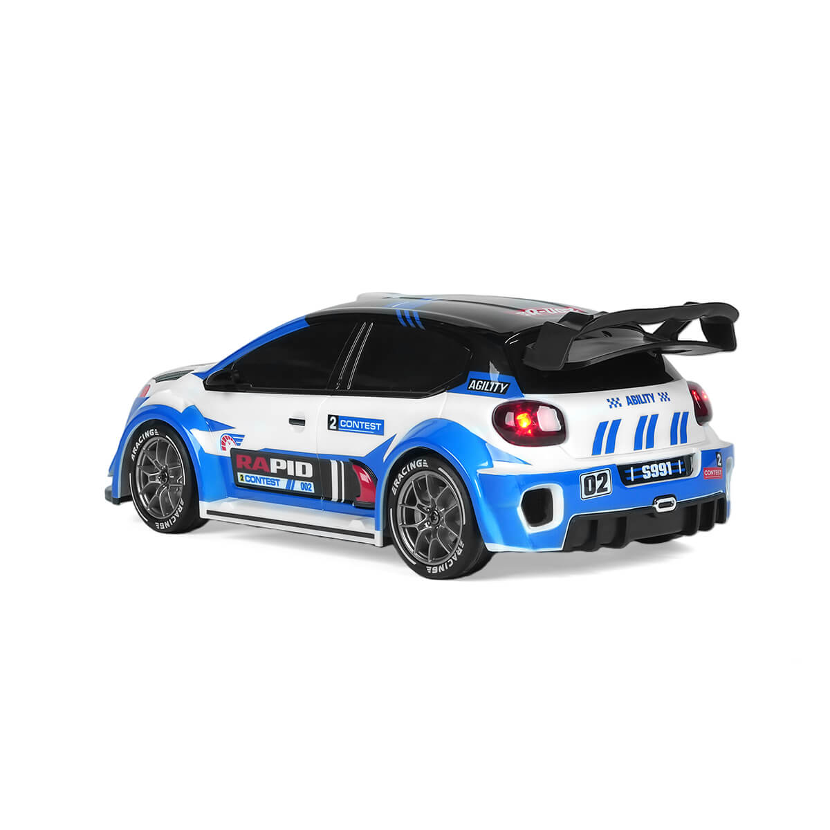 4WD RC rally car with shock absorbing suspension rear angle view blue all terrain remote control car