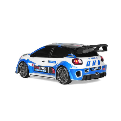 4WD RC rally car with shock absorbing suspension rear angle view blue all terrain remote control car