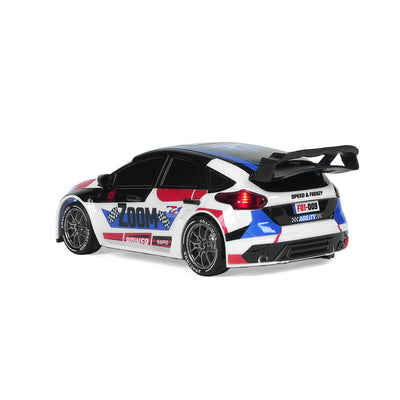 4WD RC rally car with shock absorbing suspension rear angle view red all terrain remote control car
