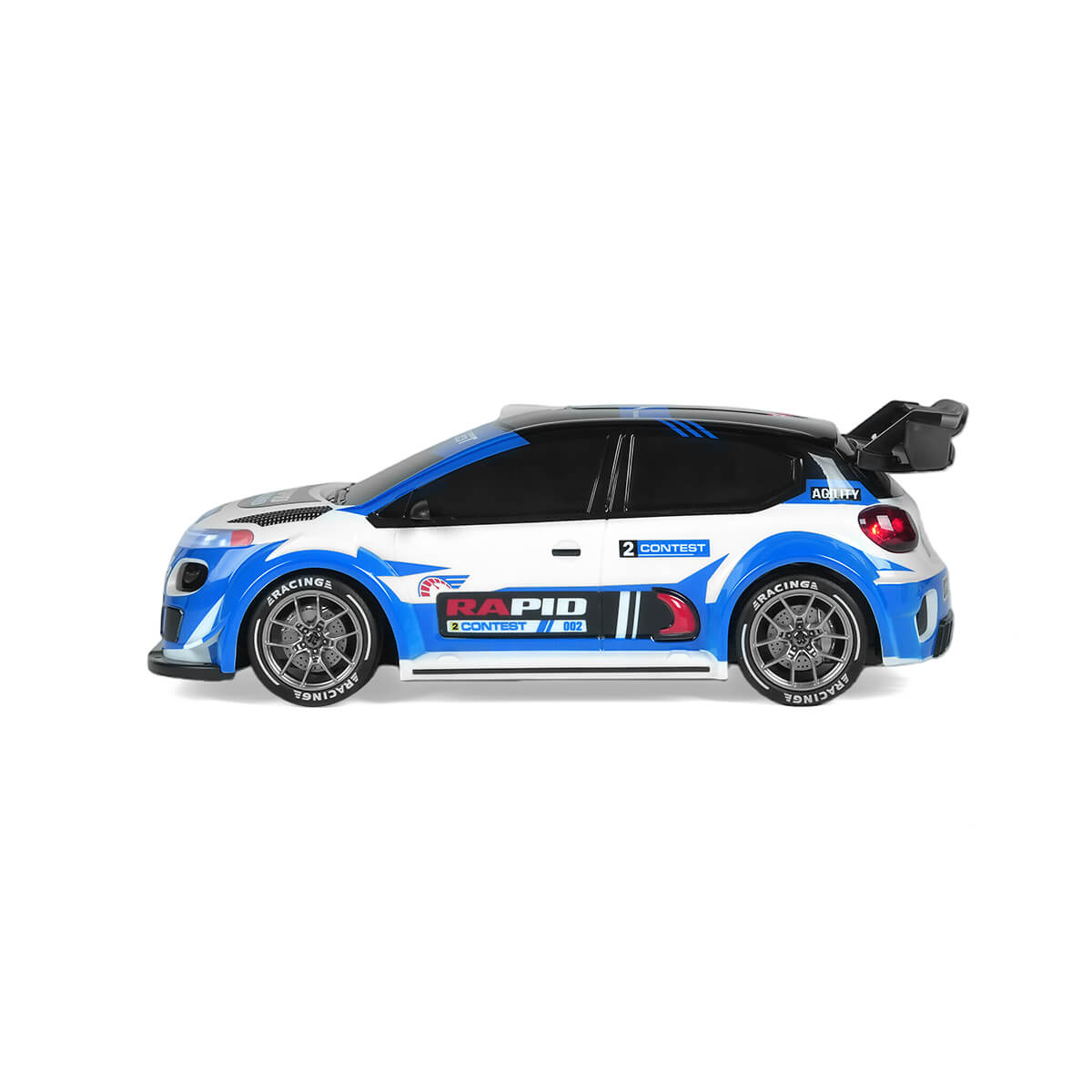 Blaue 4WD-RC-Rallyeauto-Seitenansicht, ferngesteuertes Allrad-Geländefahrzeug mit Renn-Design und Federung