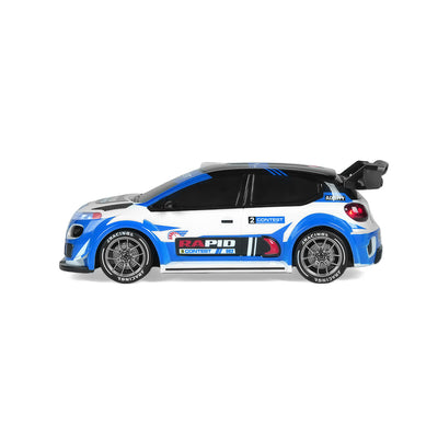 blue 4WD RC rally car side view all terrain remote control car with racing design and suspension system