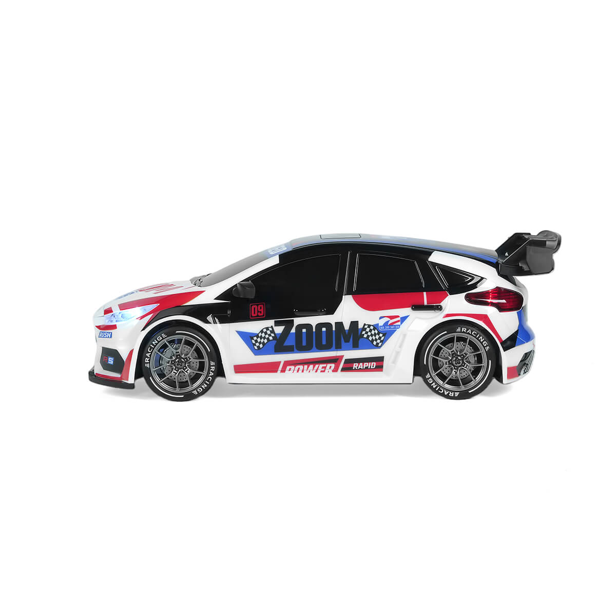 Red 4WD RC rally car side view all terrain remote control car with racing design and suspension system